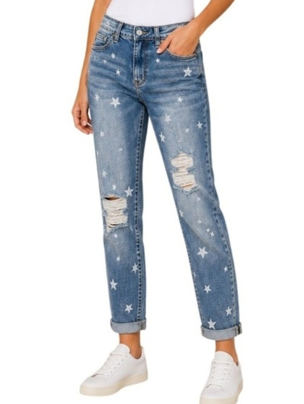 Judy Blue Blue White Star Print Mid Rise Boyfriend Denim Jeans 14W